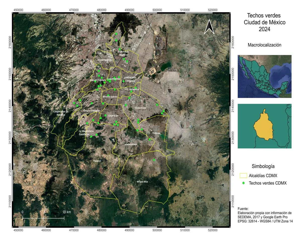 Mapa inventario de techos verdes en la Ciudad de México, elaborado a partir de investigación de campo y datos georreferenciados